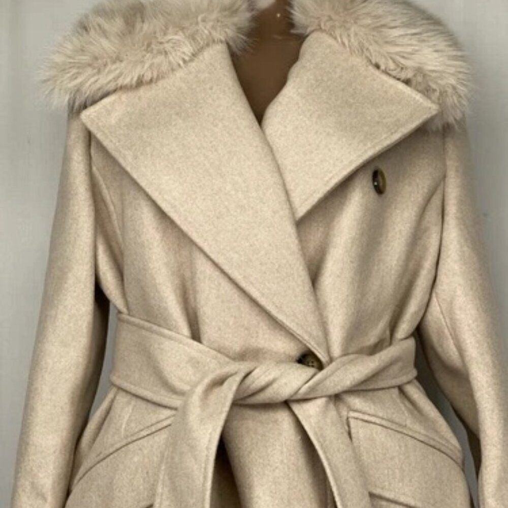 NEW BANANA REPUBLIC Womens Coat Pewter Grey Size M Fur Lapel Collar Tie Waist - Picture 10 of 11